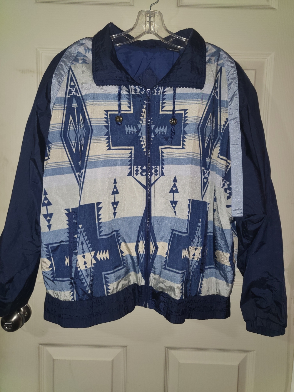 Andy Johns Sport Navy & Light Blue Aztec-Print Women's Windbreaker Jacket Large